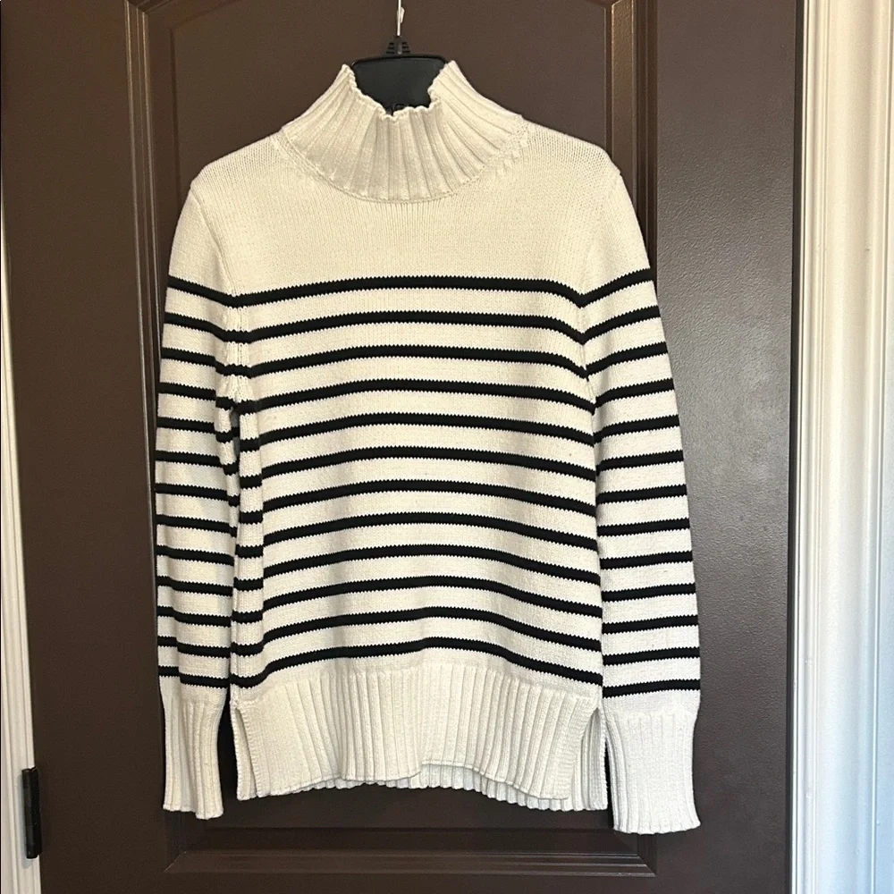 J. Crew White and Black Striped Ribbed Mock Neck Sweater - Picture 2 of 10
